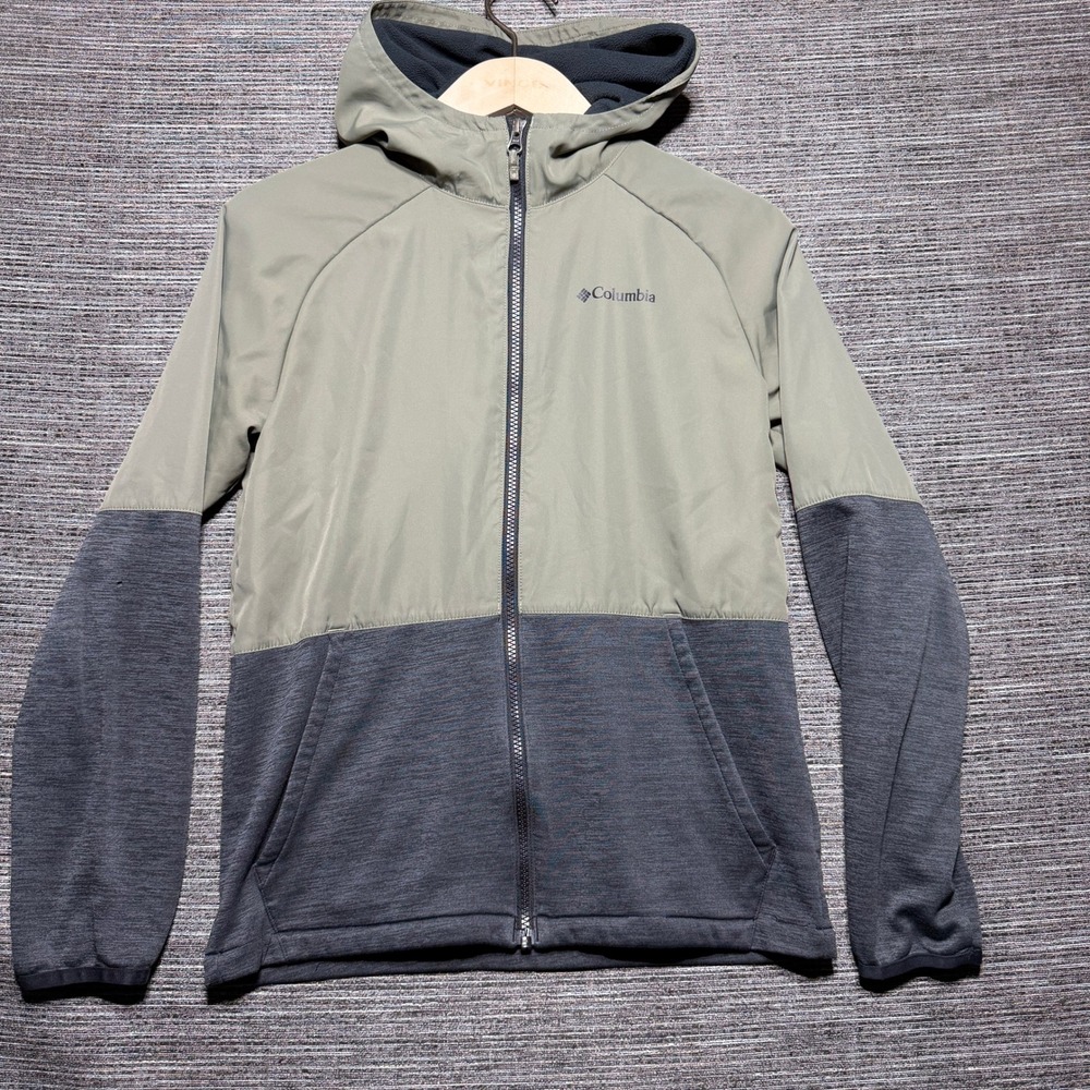 Columbia Jacket Boys L 14/16 Green Gray LS AB0087 Rain Fleece Lined Hooded